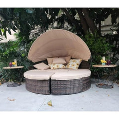 SHOWLU FASHION STORE United States Outdoor Patio Canopy Bed Round Daybed with Washable Cushions, Clamshell Sectional Seating Wicker Furniture