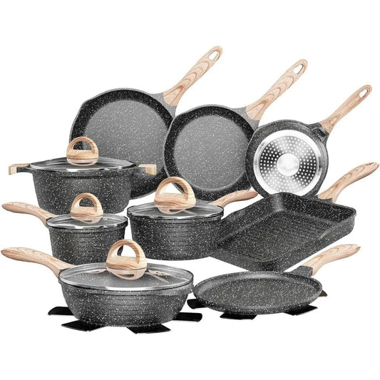  Showlu Fashion Store United States Pots and Pans Set Nonstick 23pcs, Healthy Kitchen Cookware Sets, Induction Cooking Set W/Gray Granite Stone Frying Pans