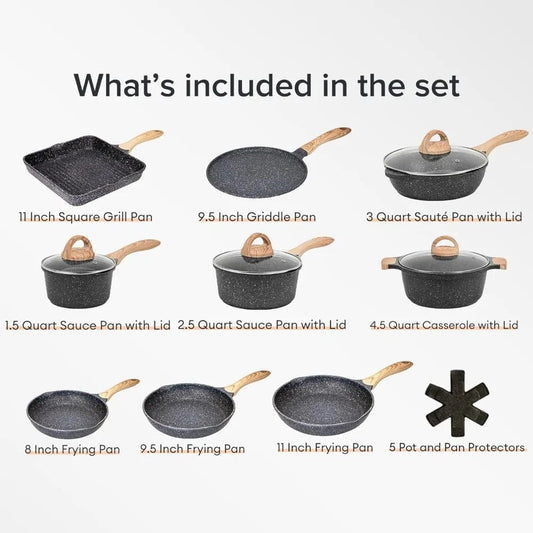  Showlu Fashion Store United States Pots and Pans Set Nonstick 23pcs, Healthy Kitchen Cookware Sets, Induction Cooking Set W/Gray Granite Stone Frying Pans