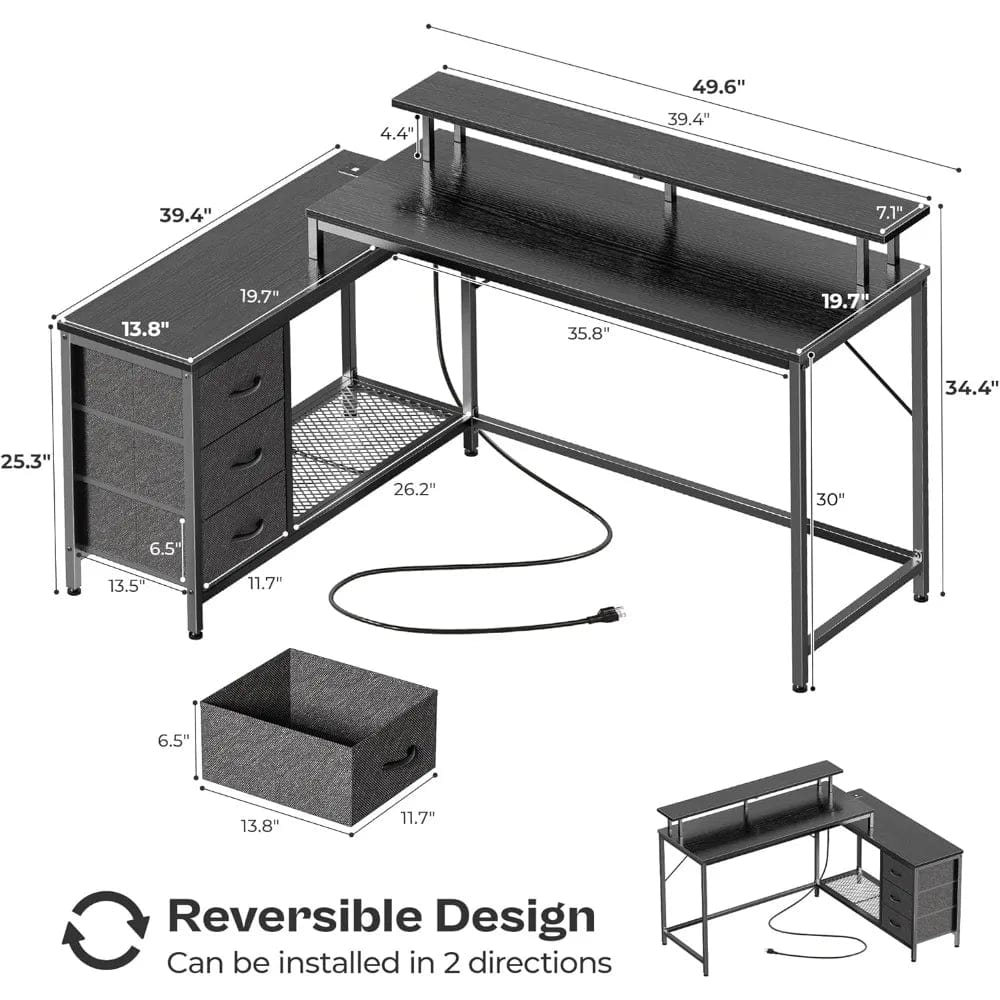 SHOWLU FASHION STORE United States Reversible L Shaped Computer Desk with Drawers, Gaming Desk with LED Lights and Power Outlets, Office Desk with Storage Shelves