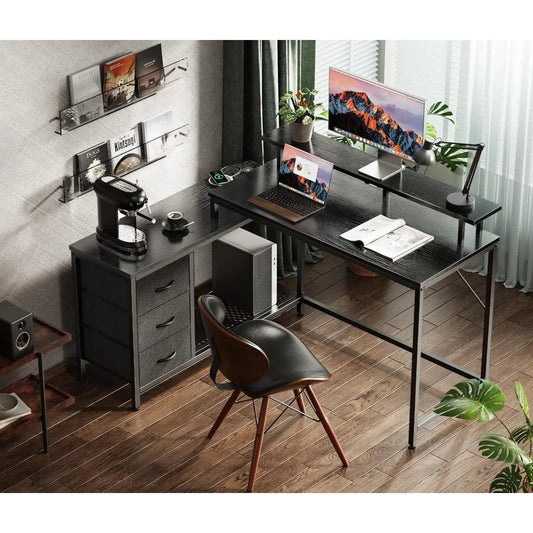 SHOWLU FASHION STORE United States Reversible L Shaped Computer Desk with Drawers, Gaming Desk with LED Lights and Power Outlets, Office Desk with Storage Shelves