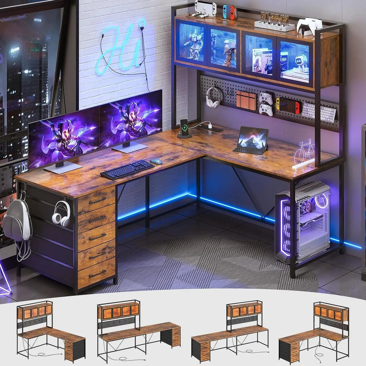 SHOWLU FASHION STORE United States / Rustic Brown Desk, L Shaped Gaming Desk with Drawers, L Shaped Computer Desk with Hutch and Storage Shelves, Desk with Pegboard, Led Lights