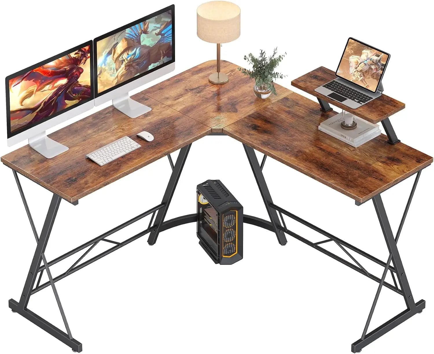 SHOWLU FASHION STORE United States / Rustic Brown L Shaped Gaming Desk Corner Computer Desk, Home Office Desks Writing Workstation with Large Monitor Stand, Easy to Assemble