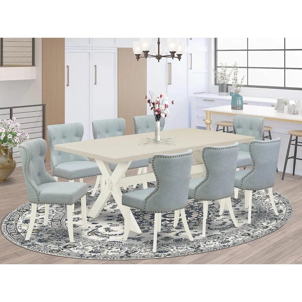 SHOWLU FASHION STORE United States Style 9 Piece Set Includes a Rectangle Dining Room Table with X-Legs and 8 Baby Blue Linen Fabric Upholstered Chairs, 40x72 Inch