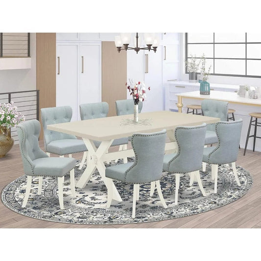 SHOWLU FASHION STORE United States Style 9 Piece Set Includes a Rectangle Dining Room Table with X-Legs and 8 Baby Blue Linen Fabric Upholstered Chairs, 40x72 Inch