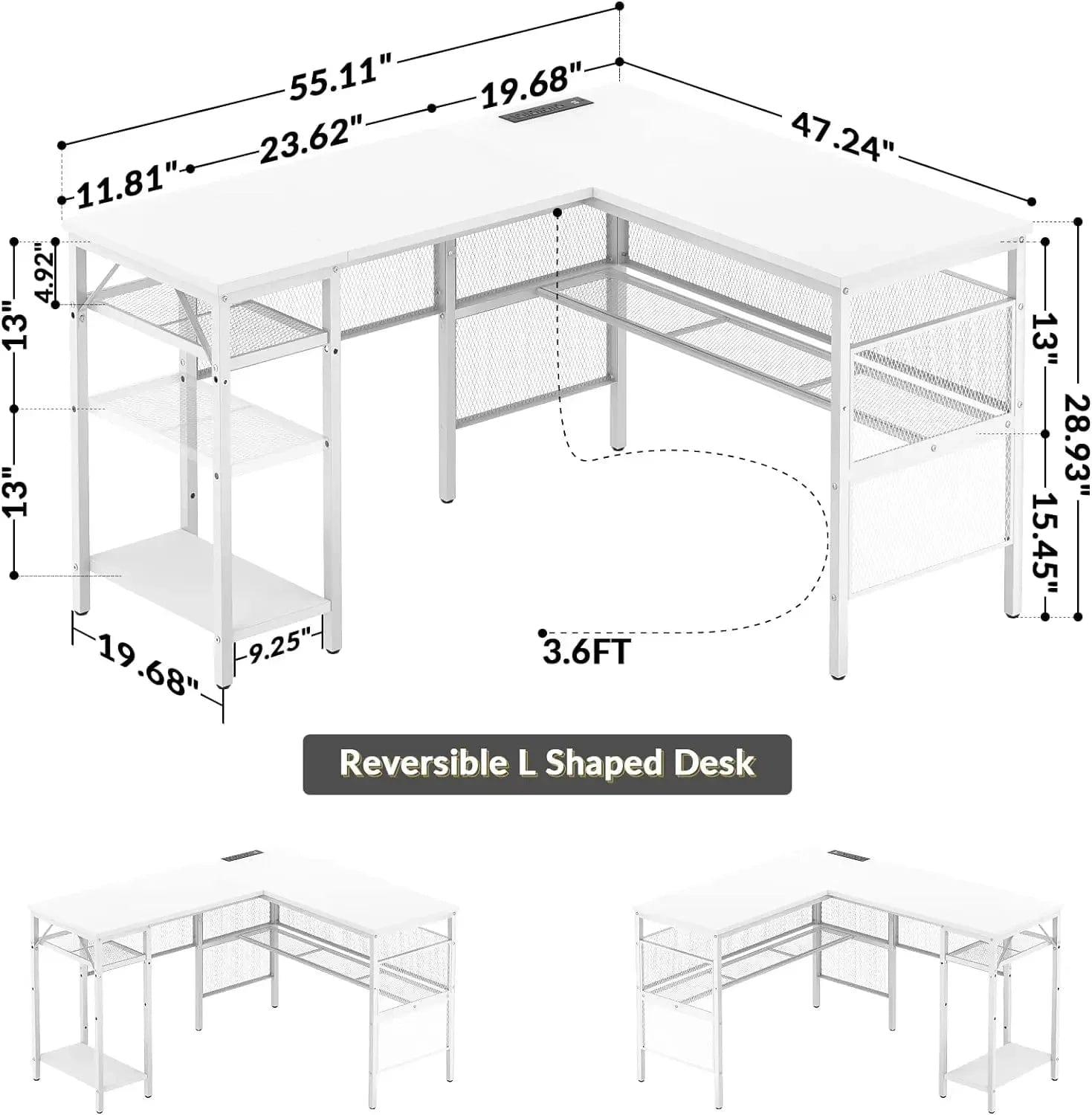 SHOWLU FASHION STORE United States Unikito Magic Portable 4 Outlets L Shaped Desk, Reversible 55 Inch L-Shaped Computer Desk with Storage Shelf and USB Charging Po