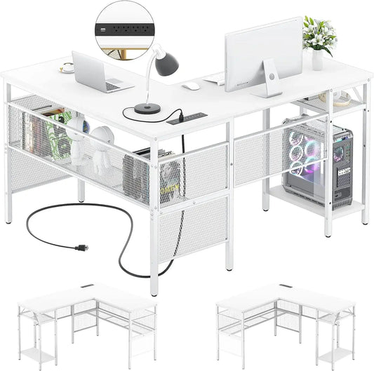 SHOWLU FASHION STORE United States Unikito Magic Portable 4 Outlets L Shaped Desk, Reversible 55 Inch L-Shaped Computer Desk with Storage Shelf and USB Charging Po