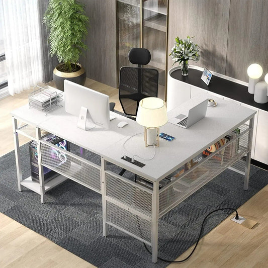 SHOWLU FASHION STORE United States Unikito Magic Portable 4 Outlets L Shaped Desk, Reversible 55 Inch L-Shaped Computer Desk with Storage Shelf and USB Charging Po