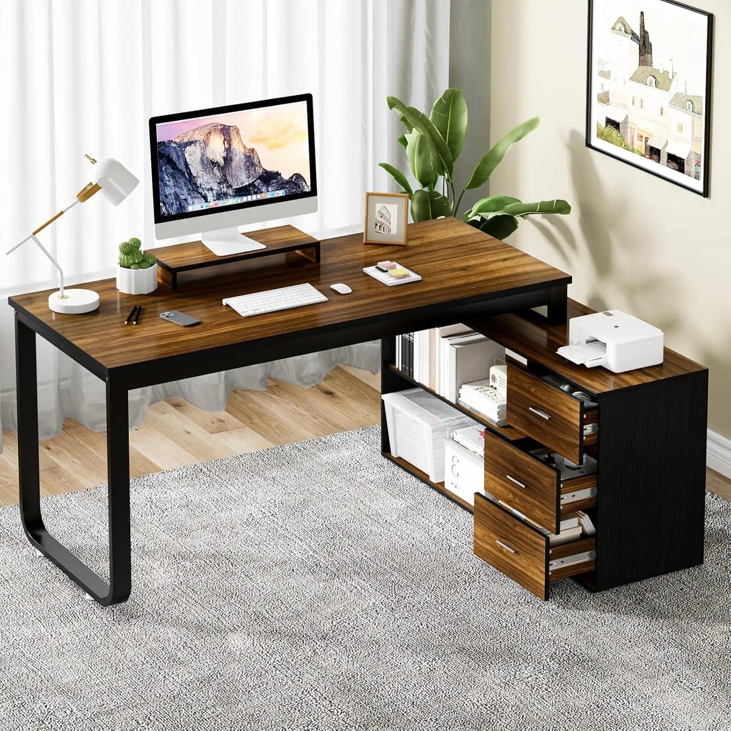 SHOWLU FASHION STORE United States / Walnut And Black White Desk 55 Inch Long Home Office Desk L Shaped Corner Computer Desk with 3 Drawers and 2 Shelfs & Monitor Stand