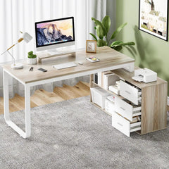 SHOWLU FASHION STORE United States / Walnut And White White Desk 55 Inch Long Home Office Desk L Shaped Corner Computer Desk with 3 Drawers and 2 Shelfs & Monitor Stand