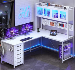 SHOWLU FASHION STORE United States / White Desk, L Shaped Gaming Desk with Drawers, L Shaped Computer Desk with Hutch and Storage Shelves, Desk with Pegboard, Led Lights