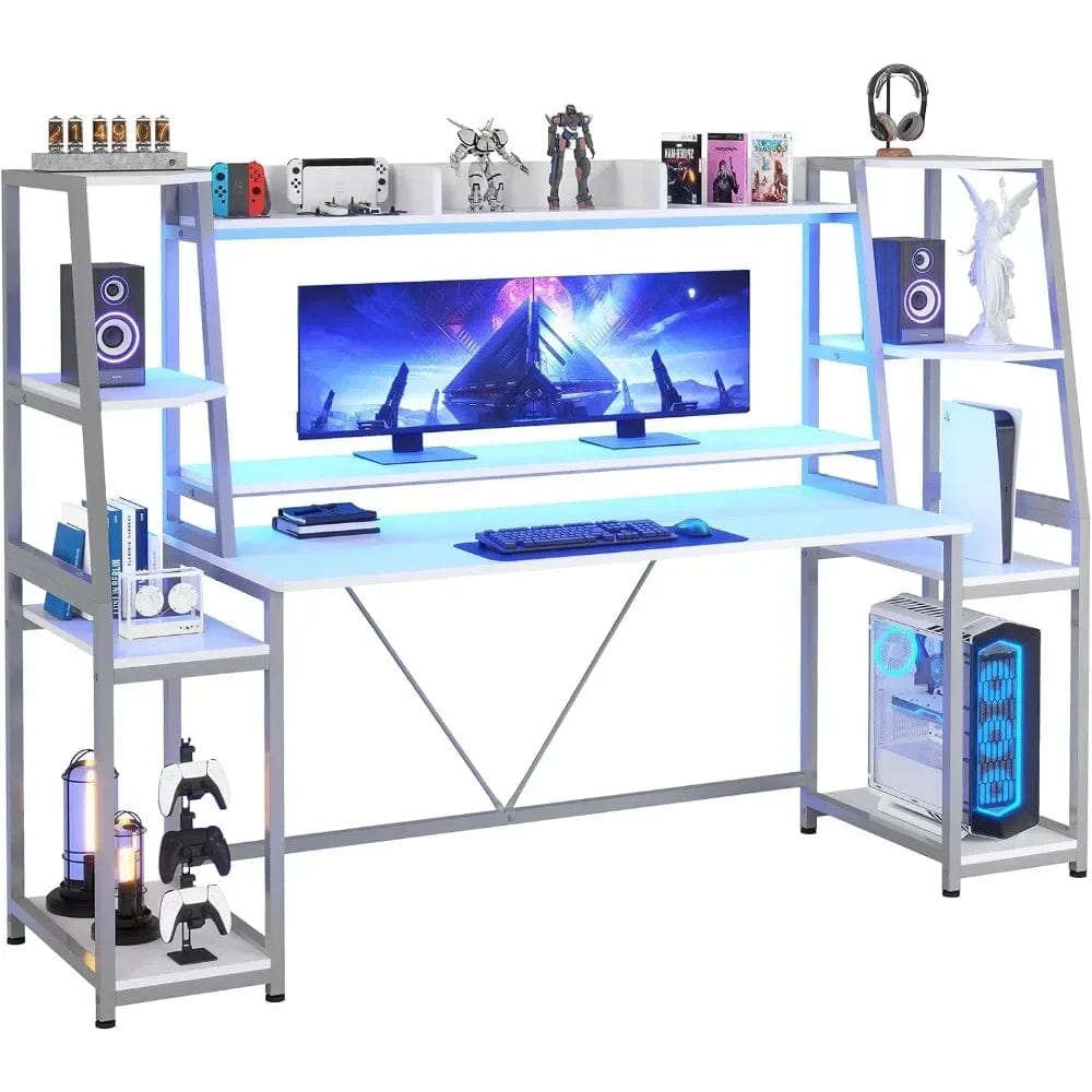 SHOWLU FASHION STORE United States / White Gaming Desk 78.8'' with LED Lights, Ergonomic Gaming Table for Bedroom, Living Room, White Computer Desks