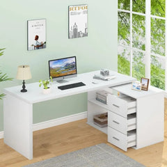 SHOWLU FASHION STORE United States White L Shaped Desk with Drawers Shelves, Corner Home Office Desk L Shape with Storage Cabinet