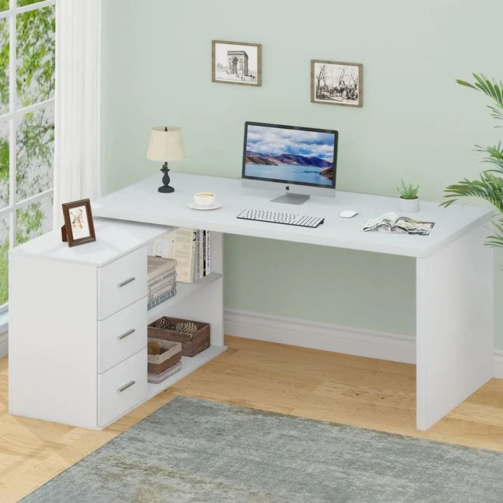 SHOWLU FASHION STORE United States White L Shaped Desk with Drawers Shelves, Corner Home Office Desk L Shape with Storage Cabinet