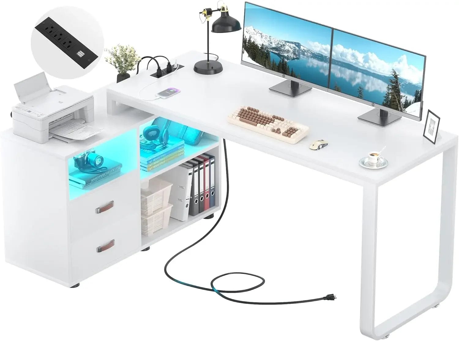 SHOWLU FASHION STORE United States / White L Shaped Desk with File Cabinet & Power Outlet, Reversible 55 Inch Large Corner Computer Desks with LED Strip