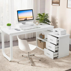 SHOWLU FASHION STORE United States / White White Desk 55 Inch Long Home Office Desk L Shaped Corner Computer Desk with 3 Drawers and 2 Shelfs & Monitor Stand