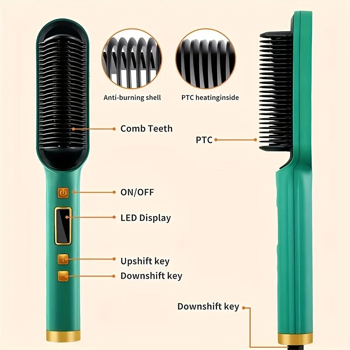 Showlu Fashion Store us / green 1PC - Fashionable LCD Straight Hair Comb, Intelligent Temperature Control Technology, LCD Display Screen, Fast Heating