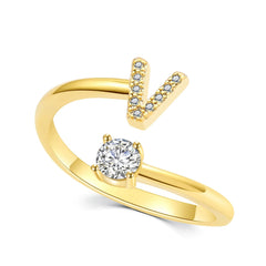 Showlu Fashion Store V A-Z Letter Initial Name Open Rings for Women Men  gold plated Zircon Stone Alphabet Rings Couple Friendship Jewelry Gift