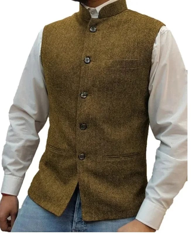 SHOWLU FASHION STORE vest 3 / 3XL Mens Suits Blazers Suit Vest Brown Herringbone Wool Tweed Standup Collar Slim Fit Waistcoat Groom Costumes Clothing For Men Wedd