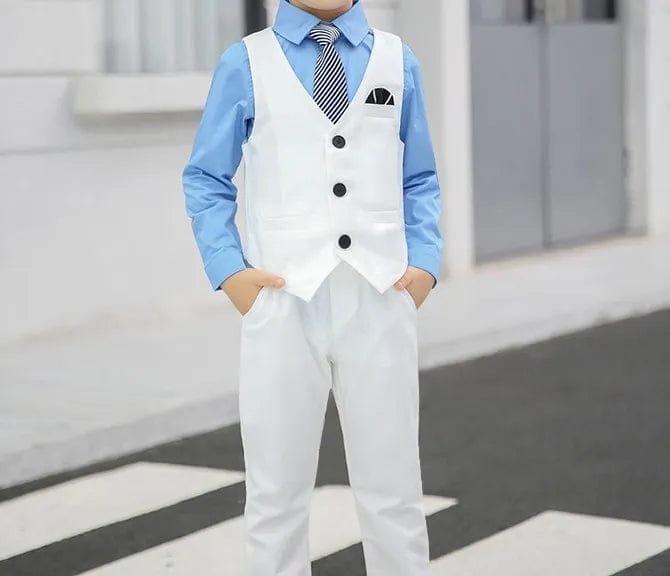  Showlu Fashion Store VEST PANTS BOWTIE / 4T Wedding Suit For Boys Children White Jacket Vest Pants Bowtie 4PCS Photograph Suit Gentleman Kids Birthday Ceremony Costume