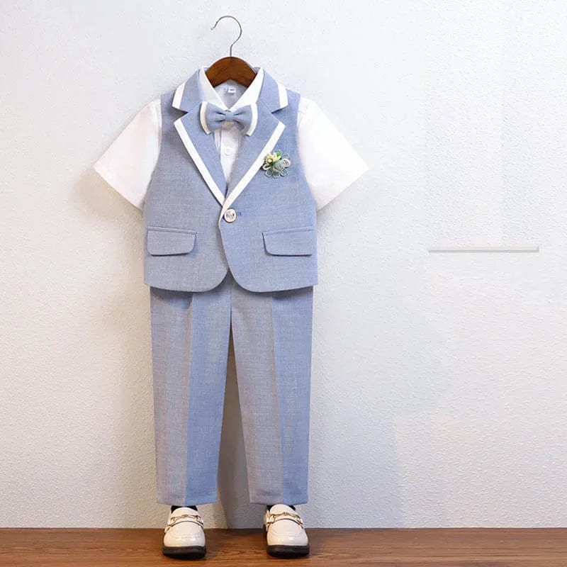  Showlu Fashion Store VEST SHORTS PANTS / 150 31-35KG140-150CM School Kids Summer Blue Gary Birthday Photography Suit Boys Vest Pants Bowtie Ceremony Costume Children Wedding Party Dress