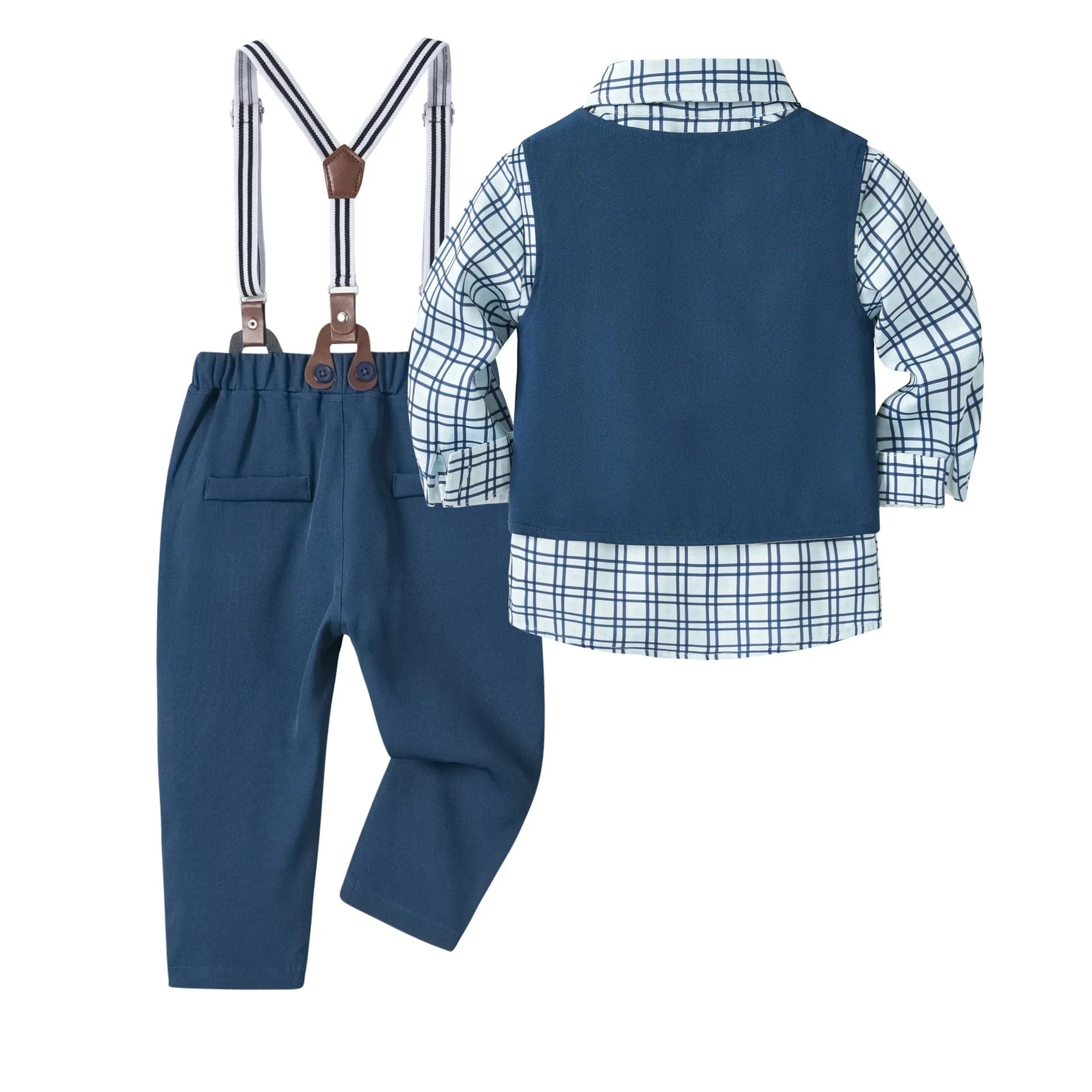  Showlu Fashion Store Vest Spring Set 1 2 3 4 5 Years Boy Host Wedding Costume Kid Cotton Suit Plaid Shirt with Solid Pants Strap Outfit Party Clothes