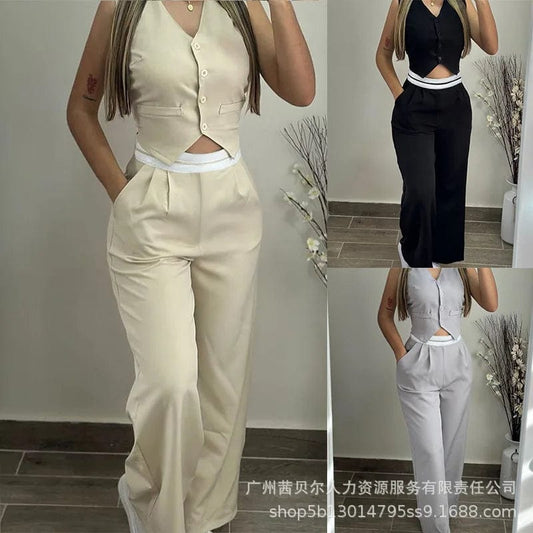 SHOWLU FASHION STORE Vest Top & Pants Set Women Two Piece Sets Long Pants Set Sleeveless Tops High Waist Straight Pant Elegant Casual Y2k