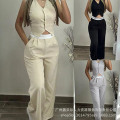 SHOWLU FASHION STORE Vest Top & Pants Set Women Two Piece Sets Long Pants Set Sleeveless Tops High Waist Straight Pant Elegant Casual Y2k