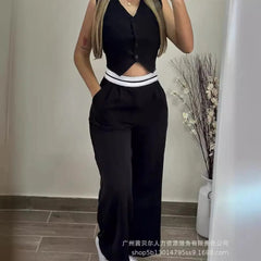 SHOWLU FASHION STORE Vest Top & Pants Set Women Two Piece Sets Long Pants Set Sleeveless Tops High Waist Straight Pant Elegant Casual Y2k