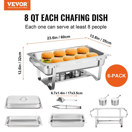  Showlu Fashion Store VEVOR 8QT Rectangle Chafing Dish 1/2/4/6 Packs w/ Full Size Pans Buffet Catering Warmer Server Folding Stand Fuel Holder Tray