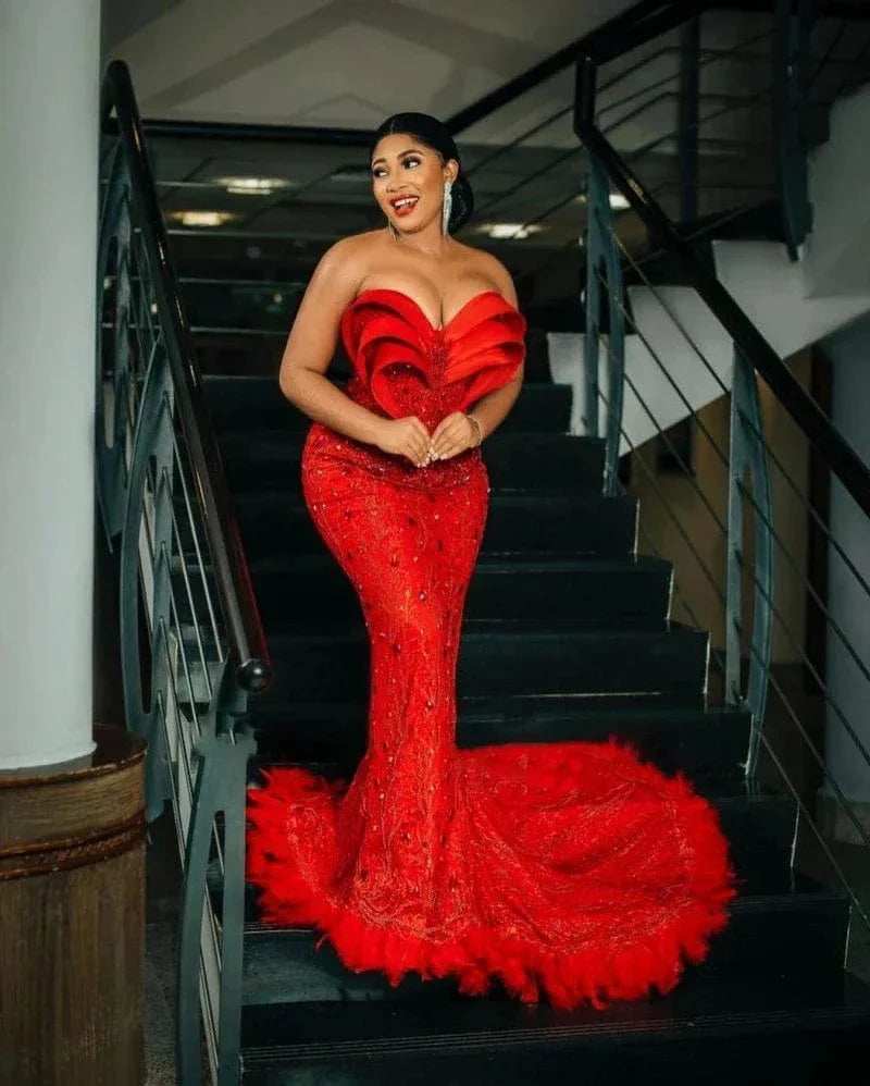 Vinca Sunny Aso Ebi mermaid prom dress by SHOWLU FASHION, beaded lace sweetheart gown with feathers and 3D details, lace-up back.