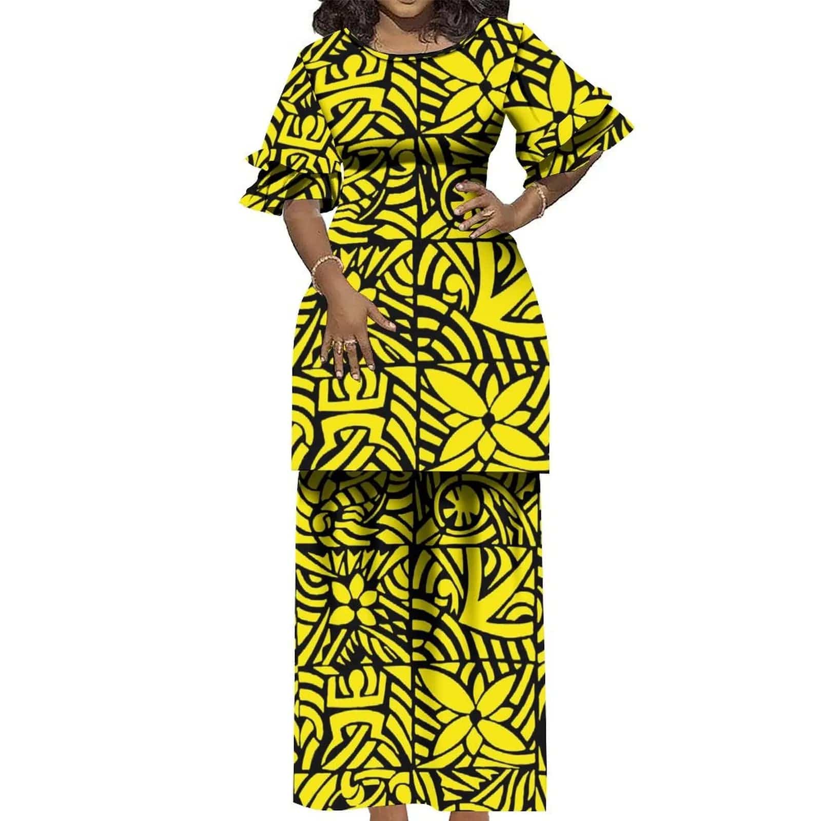 SHOWLU FASHION STORE Vintage Round Neck Ruffled Double Cuff Elegant Suit Dress 2-Piece Puletasi Polynesian Dress Tailored To Samoa Island Clothing