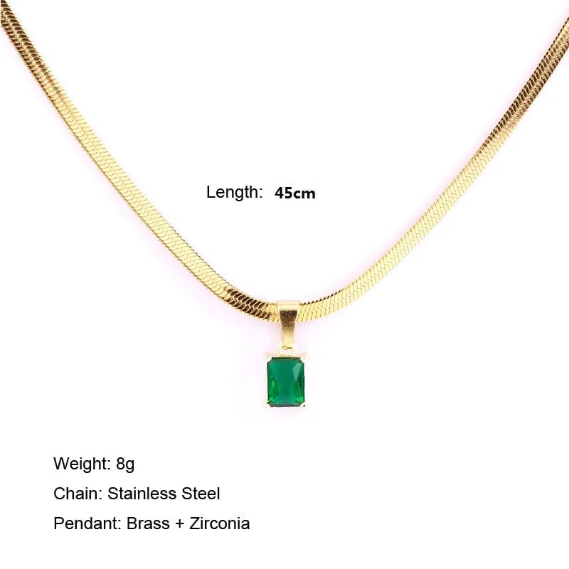  Showlu Fashion Store Vintage Rust Steel Zircon Necklace Flat Snake Bone Chain Blade Chain Square Emerald Pendant Necklace Women Dropshipping