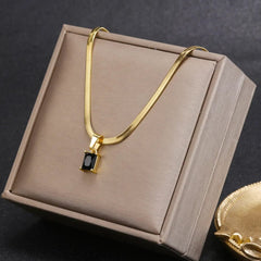  Showlu Fashion Store Vintage Rust Steel Zircon Necklace Flat Snake Bone Chain Blade Chain Square Emerald Pendant Necklace Women Dropshipping