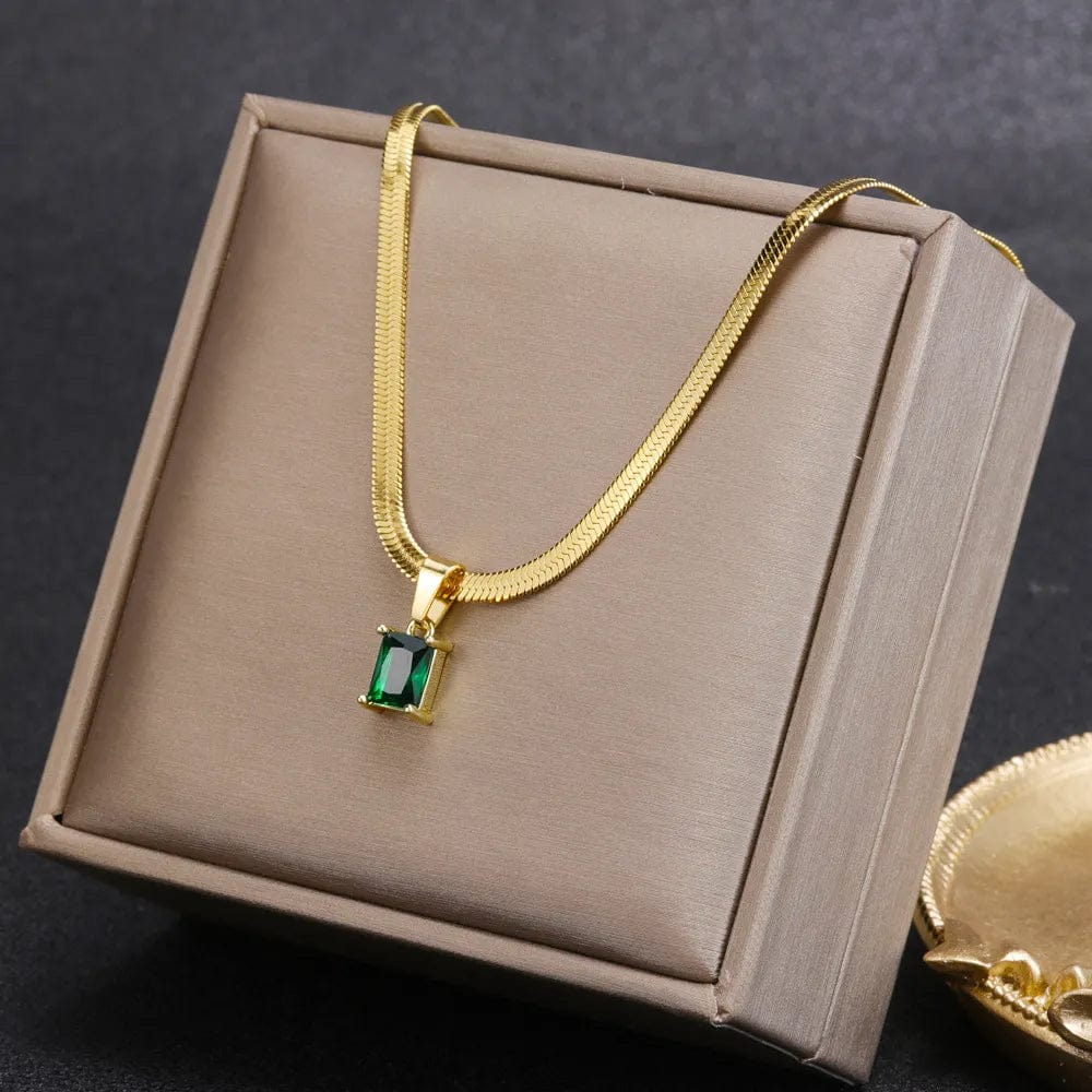  Showlu Fashion Store Vintage Rust Steel Zircon Necklace Flat Snake Bone Chain Blade Chain Square Emerald Pendant Necklace Women Dropshipping