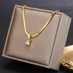  Showlu Fashion Store Vintage Rust Steel Zircon Necklace Flat Snake Bone Chain Blade Chain Square Emerald Pendant Necklace Women Dropshipping