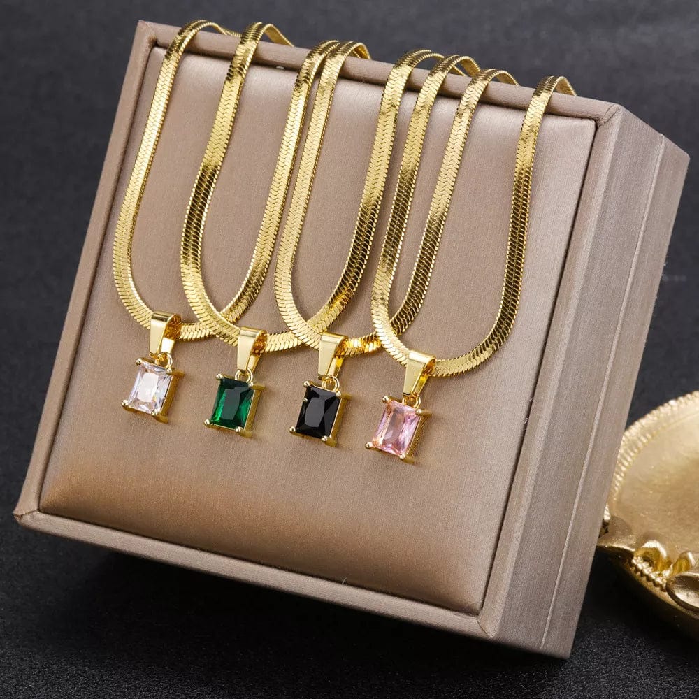  Showlu Fashion Store Vintage Rust Steel Zircon Necklace Flat Snake Bone Chain Blade Chain Square Emerald Pendant Necklace Women Dropshipping