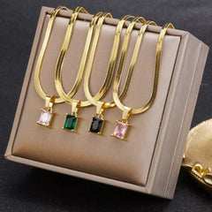  Showlu Fashion Store Vintage Rust Steel Zircon Necklace Flat Snake Bone Chain Blade Chain Square Emerald Pendant Necklace Women Dropshipping