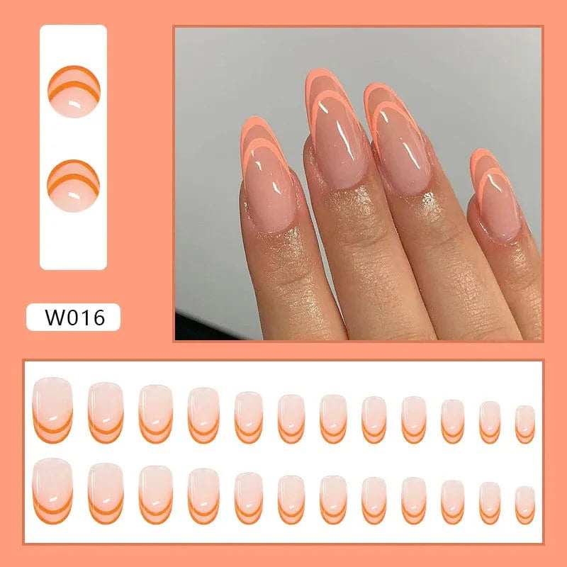 Showlu Purple Floral Almond Press-On Nails with floral design, 24 detachable acrylic tips for a stylish manicure.
