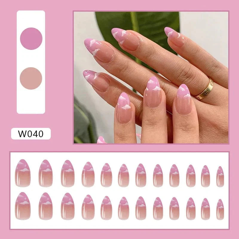 Showlu Purple Floral Almond Press-On Nails, 24-piece set with detachable acrylic tips and floral design for a stylish manicure.