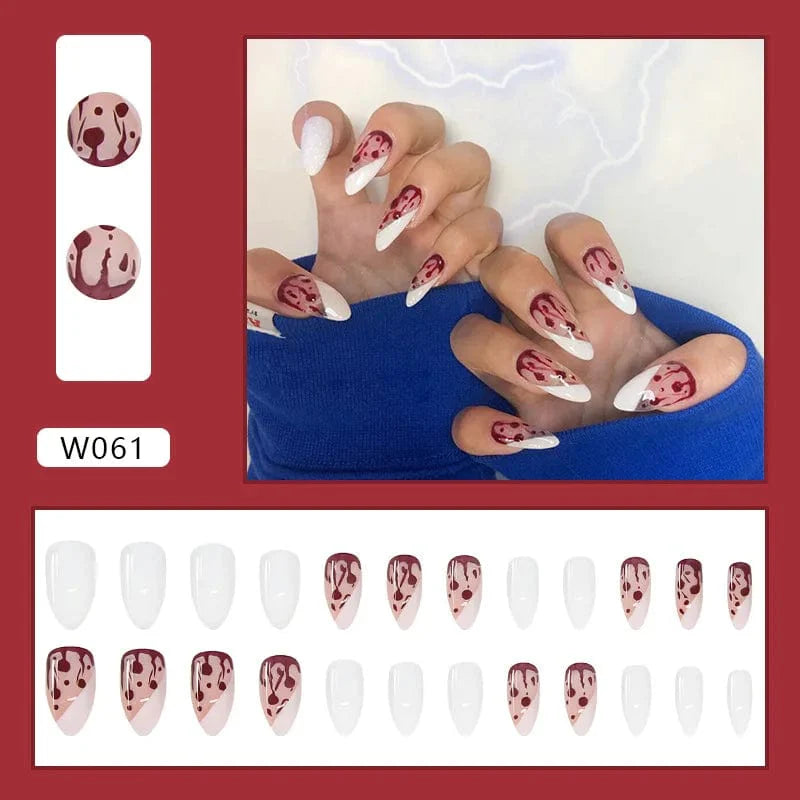 Showlu Purple Floral Almond Press-On Nails with 24 acrylic tips, featuring floral design and detachable ballerina-shaped false nails.