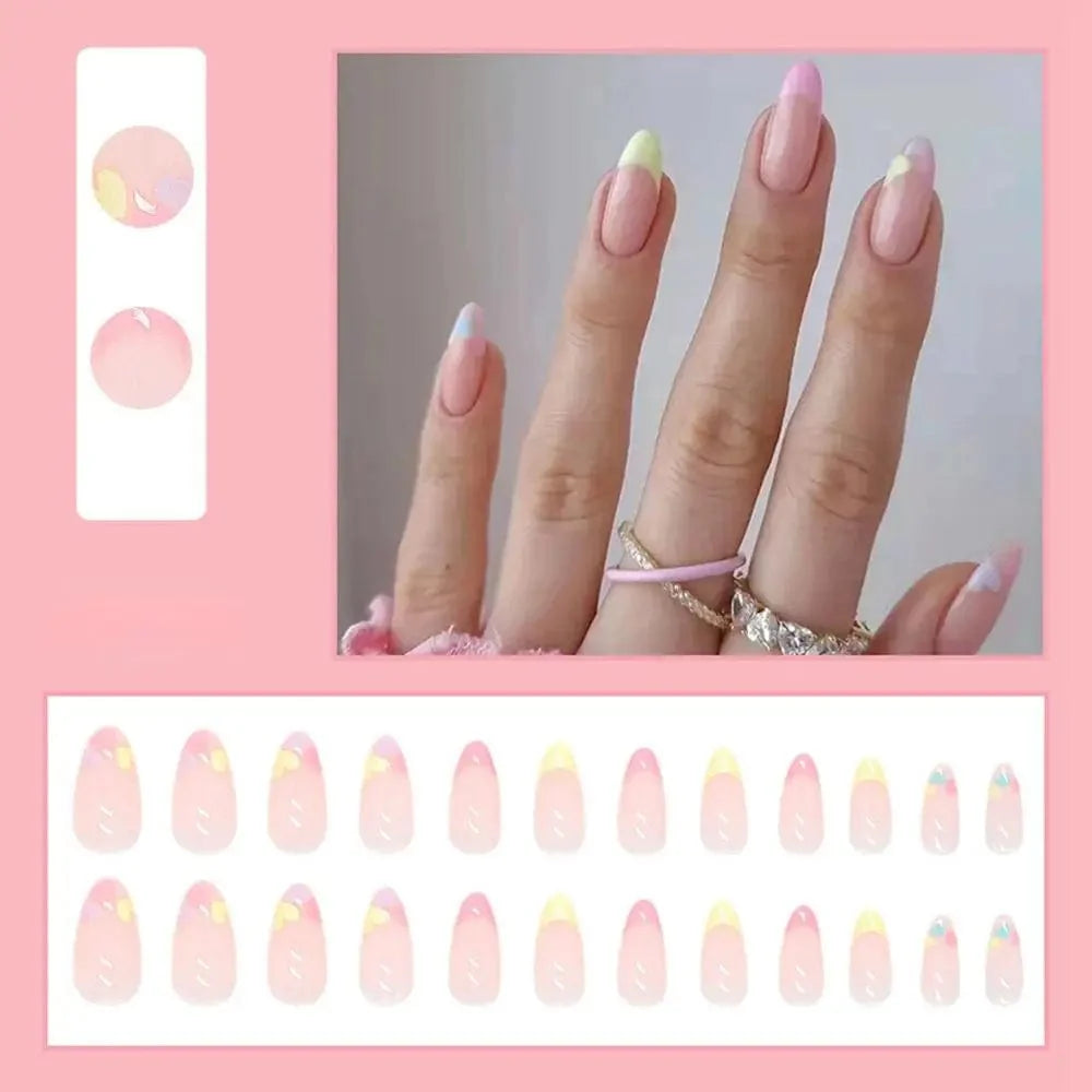 Showlu Purple Floral Almond Press On Nails with 24-piece acrylic tips, featuring floral designs for a stylish manicure.