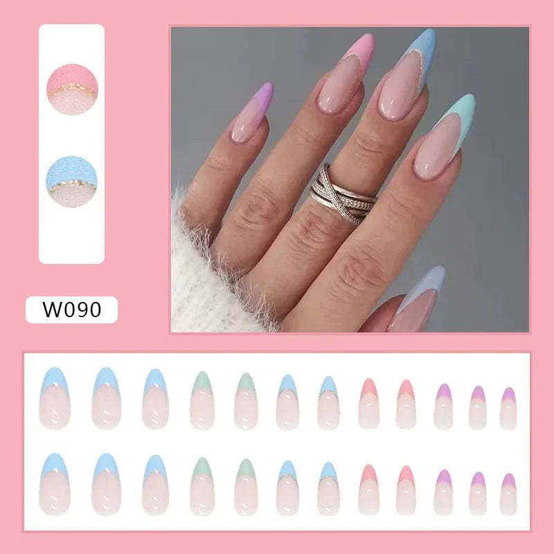 Showlu Purple Floral Almond Press-On Nails, 24-piece set of detachable acrylic tips with floral and design details for manicures.