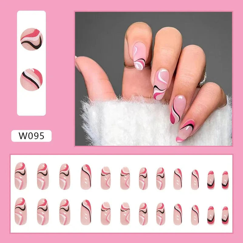 Showlu Purple Floral Almond Press-On Nails, 24-piece set of detachable acrylic tips with floral design and ballerina shape.