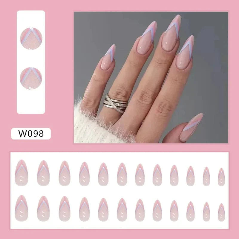 Purple floral almond press-on nails by Showlu Fashion Store, 24-piece set with decorative nail tips for a stylish manicure.
