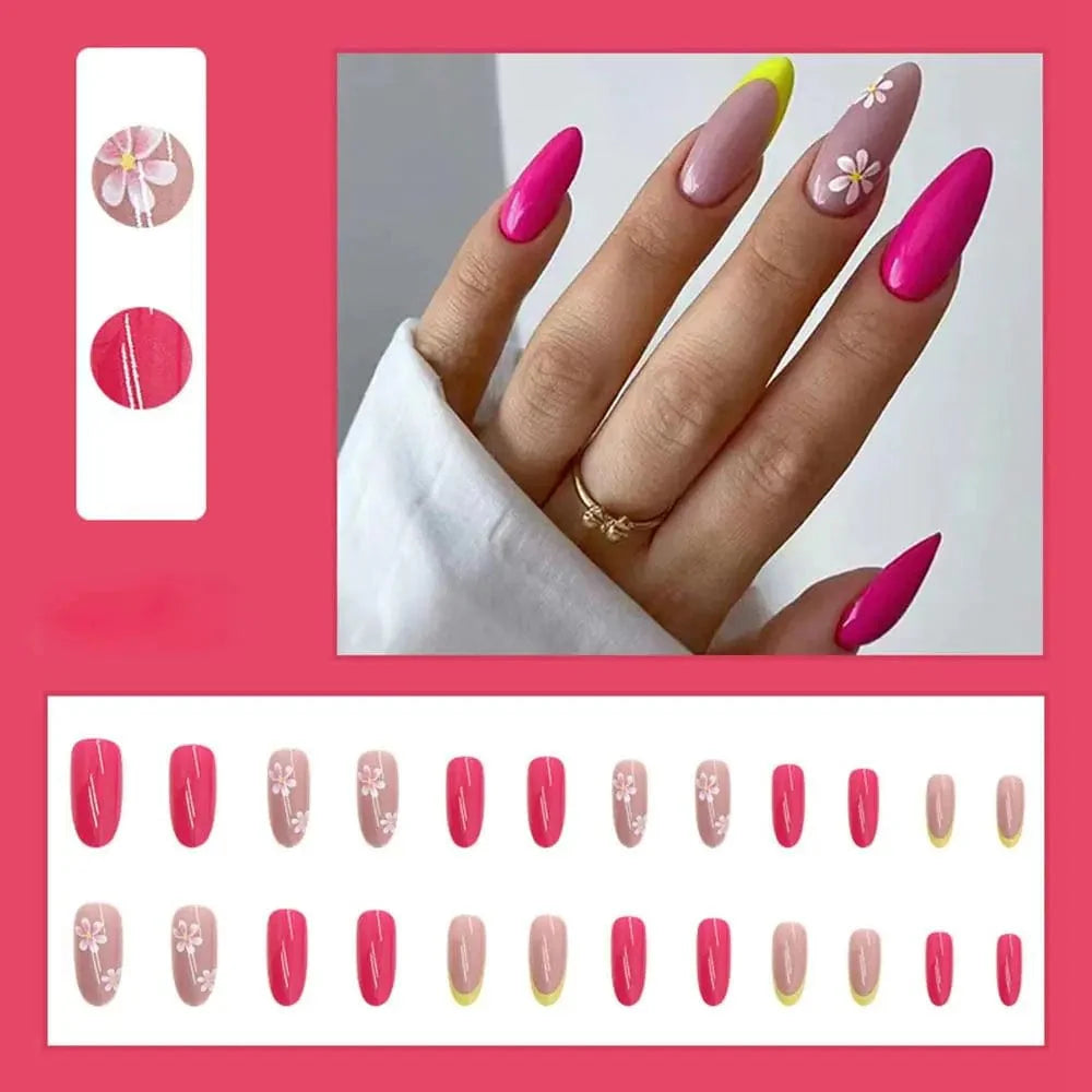 Showlu Purple Floral Almond Press-On Nails with 24-piece acrylic tips, featuring a floral design, ideal for easy manicures.