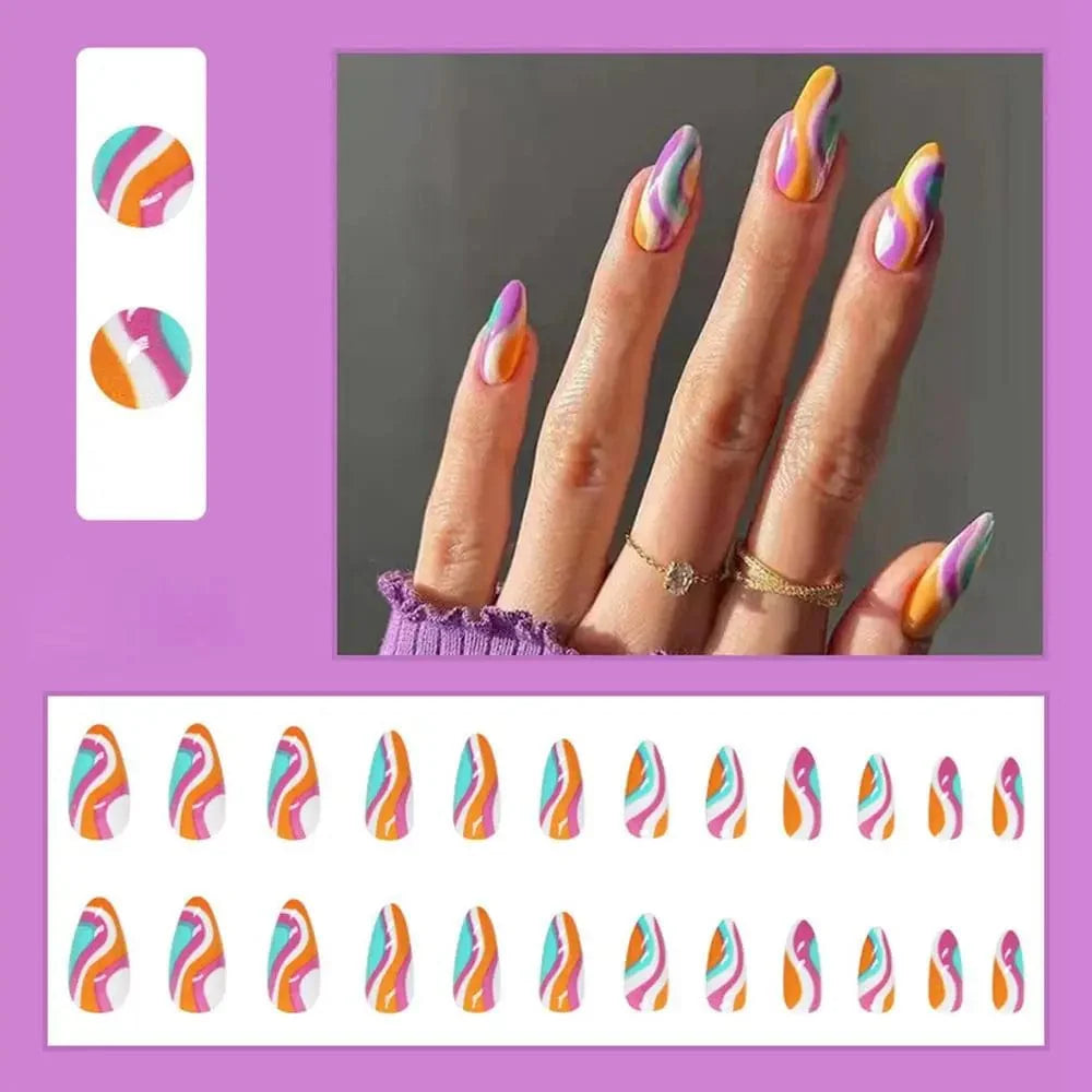 Showlu Purple Floral Almond Press-On Nails, 24-piece set with decorative floral design, acrylic tips for easy attachment and removal.