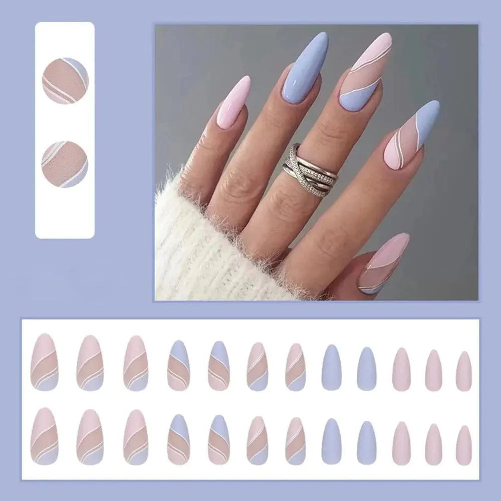 Showlu Purple Floral Almond Press-On Nails, 24-piece set with detachable acrylic tips and floral design for stylish manicures.