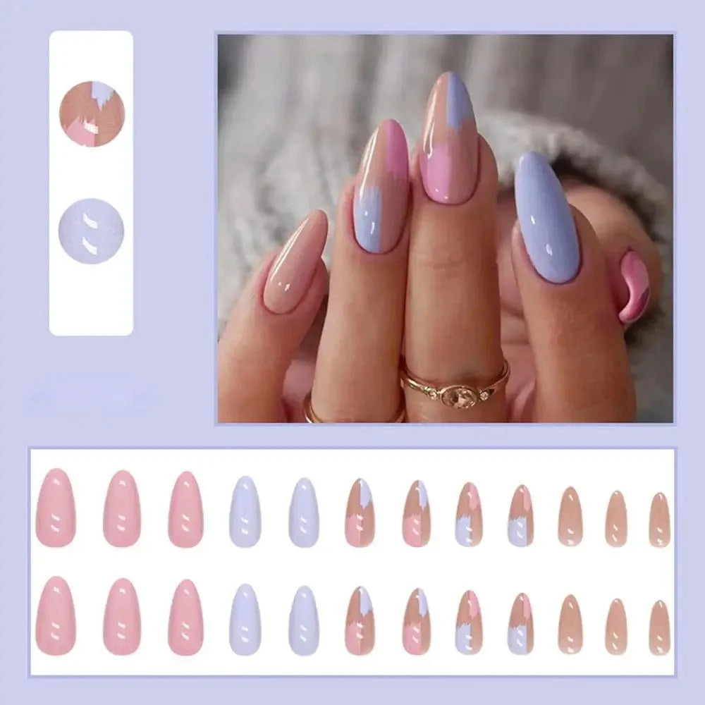 Purple floral almond press-on nails by Showlu Fashion Store, 24-piece set with detachable acrylic tips for a stylish manicure.