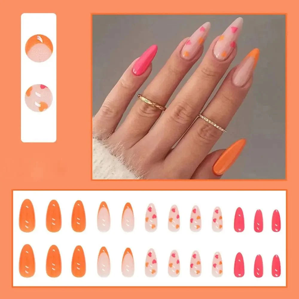 Purple floral almond press-on nails by Showlu Fashion Store, 24-piece set with detachable acrylic tips and floral nail art design.